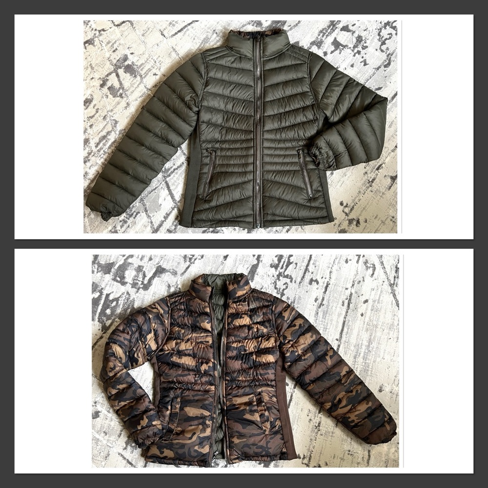 DKNY Reversible Green to Camouflage Puffer Jacket